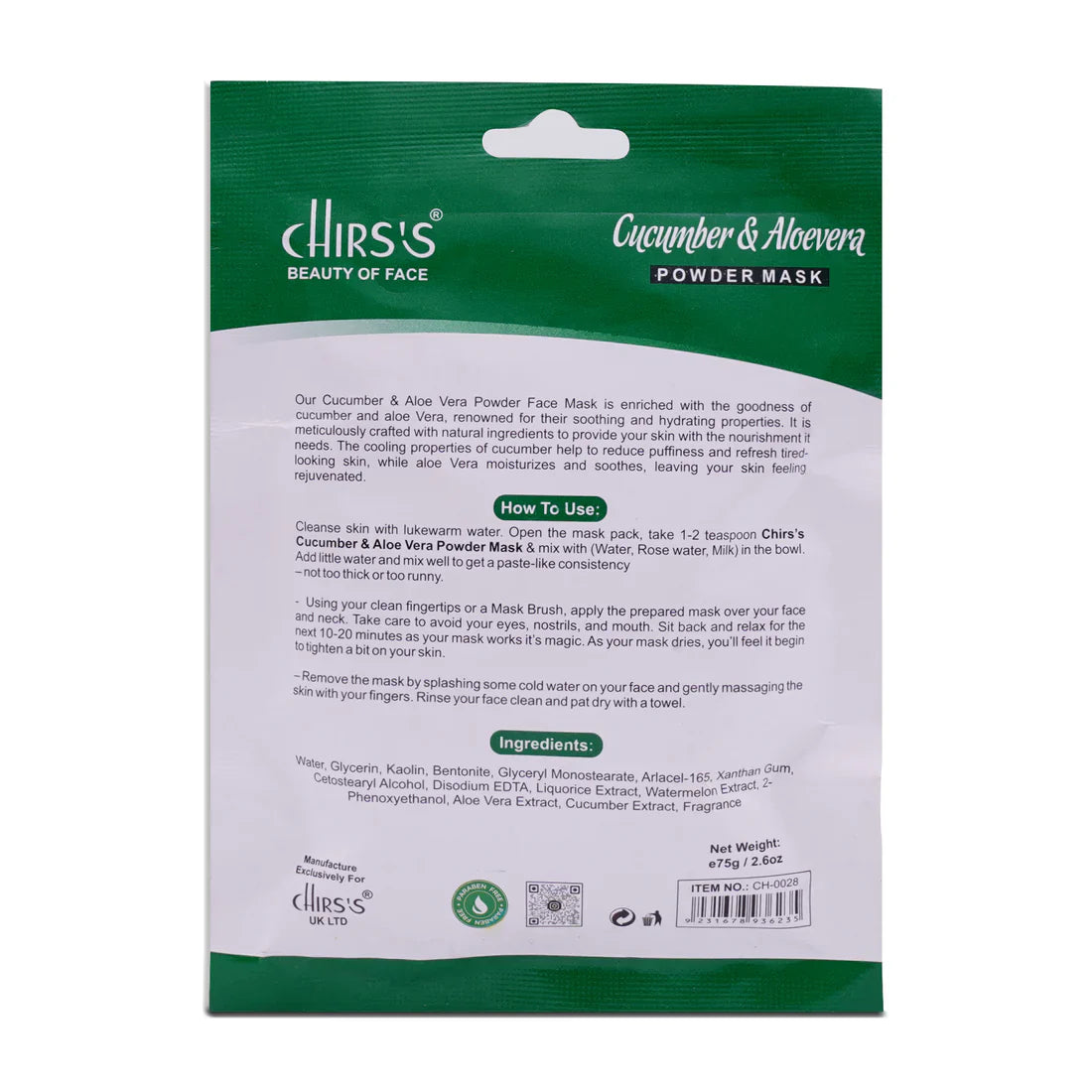 Chirs Cucumber & Aloevera Powder Mask - 75g