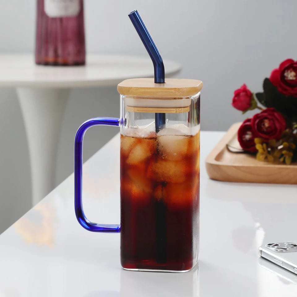 "Square Glass Cup With Bamboo Lid and Straw"