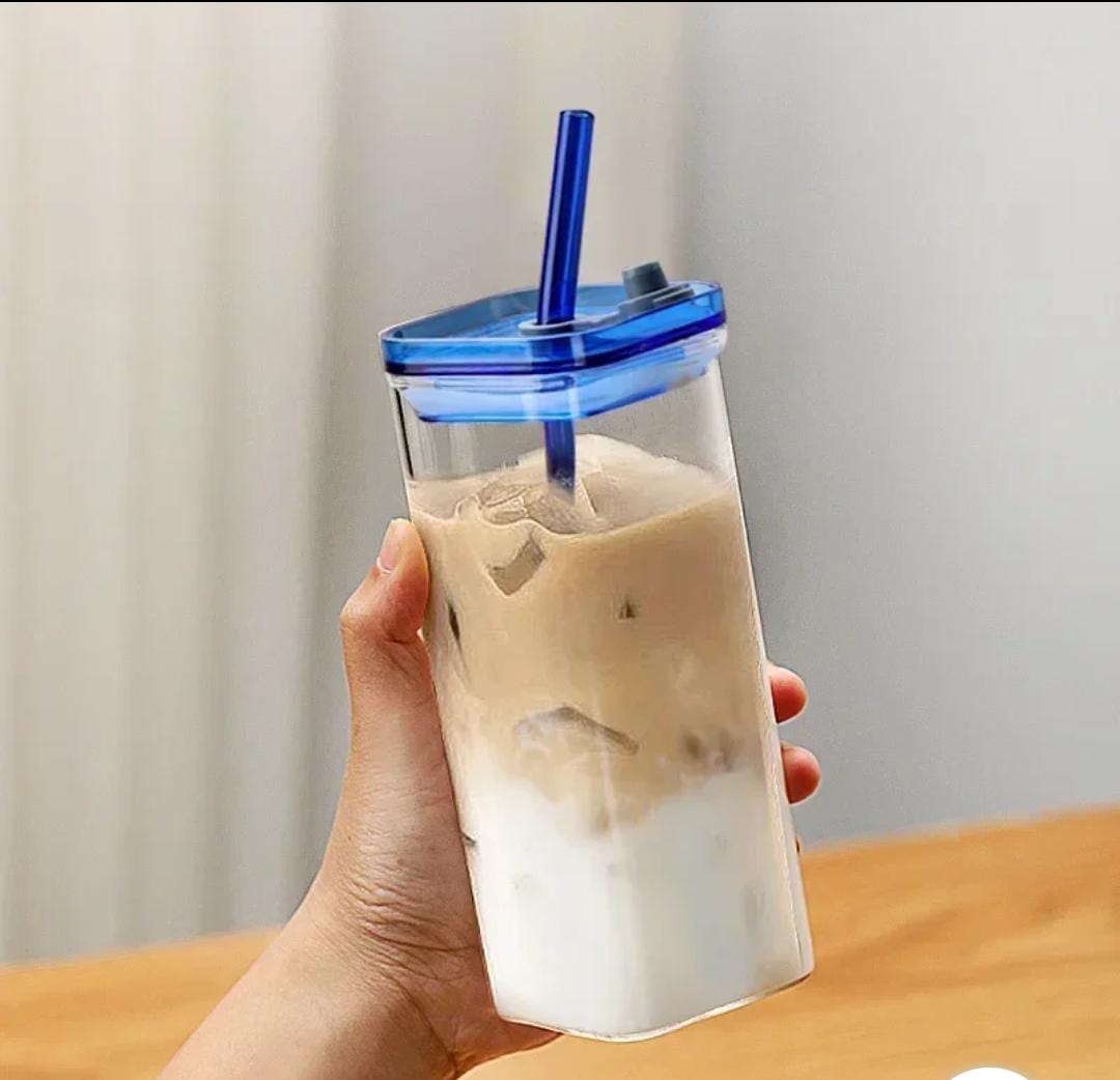 "Square Glass Cup With Bamboo Lid and Straw"