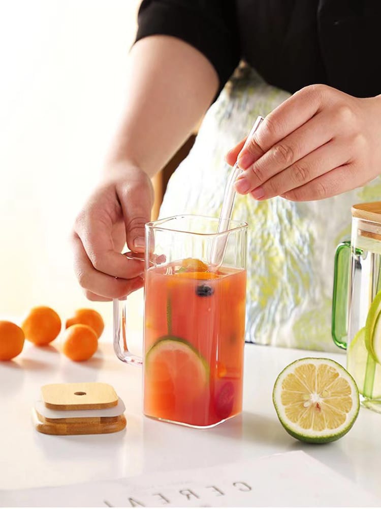 "Square Glass Cup With Bamboo Lid and Straw"