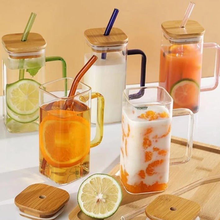 "Square Glass Cup With Bamboo Lid and Straw"